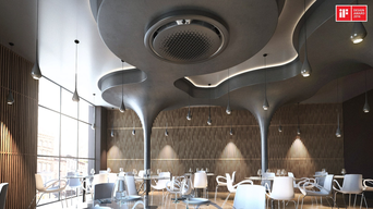 Samsung 360-Grad-Kassette an der Decke eines modernen Restaurants, mit umliegenden hängenden Lampen und einem eleganten, organisch geformten Deckendesign für gleichmäßige Luftzirkulation. | © Samsung